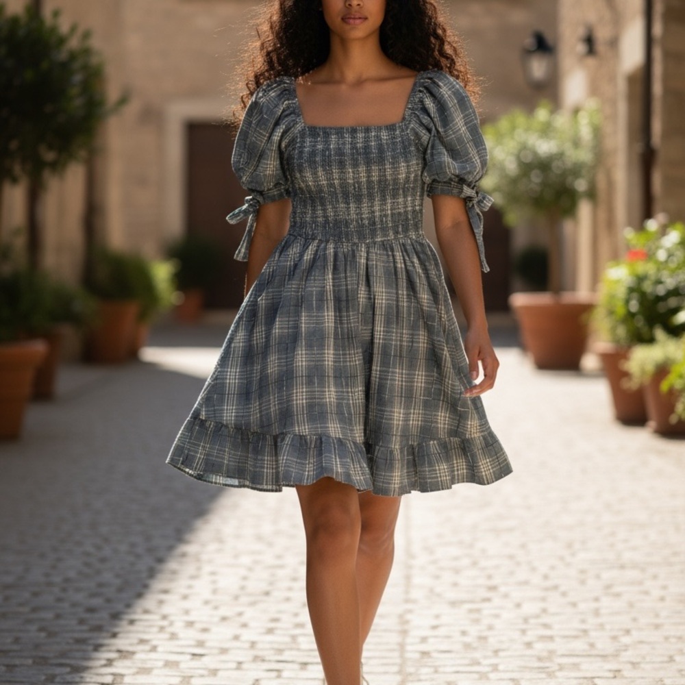 &Merci Beautiful Blue Plaid Mini Summer Dress with pockets Size M